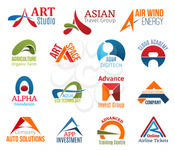 Corporate identity letter A business icons. Vector art and travel, energy and agriculture, education, foundation and technology. Investment, advertising and transport, training and transportation