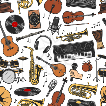 Musical instruments seamless pattern. Vector vinyl and speaker, microphone and flute, violin with bow and guitar, saxophone and drum, synthesizer and headphones, trumpet and notes background