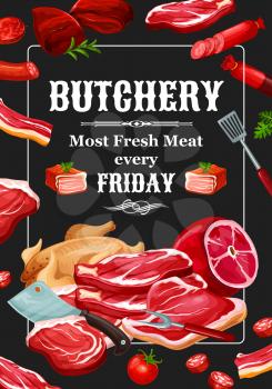 Meat and sausages, butchery food and seasonings. Vector beef and pork, veal and lamb, poultry. Chicken and ham, salami and steak, tenderloin and sirloin, spatula, fork and knife, tomato and parsley