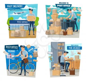 Mailman or postman, mail delivery, parcels and airmail. Vector man in uniform with bag and bicycle, post office and airplane, conveyor with boxes and mailbox. Express shipping, newspaper and journal