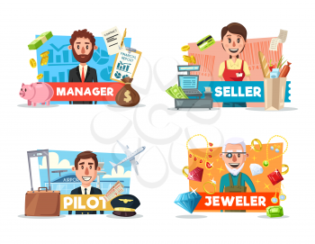 Professions of seller and manager, pilot and jeweler. Vector aviator and airport, money and aircraft tickets. Jewelry rings and gems, retail shopping cart or cashier, office and business stationery
