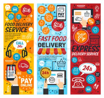 Fast food delivery banners or express service for order meals from mobile gadget. Vector tablet and smartphone with hamburger and donut with taco icons. Online payment by credit card outline symbols