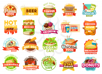 Fast food vector icons and signs. Pizza house and beer pub, coffee and sauce shop, barbecue and mexican cuisine, ice cream and cinema cafe, chicken and sweets, hot dog and Chinese noodle