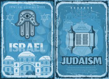 Welcome to Israel travel retro poster, Judaism religion. Vector hamsa hand and Israeli synagogue, ingot with holy text from Torah vintage leaflet. Journey to foreign country, religious symbols