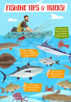 Fisherman in inflatable boat, fishing sport tips and tricks. Vector tuna and catfish, salmon and perch, trout and herring, flounder and crab, prawn and crayfish. Fisher and underwater animals