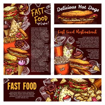 Fastfood menu banners, vector sketch. Street food and soda, burger and Italian pizza, french fries and popcorn, hot dog and burrito. Mexican taco and ice cream, donut and nachos, sandwich