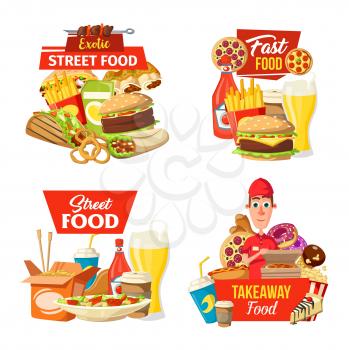 Fast food delivery icons with street meals and deliveryman. Vector burger and burrito, tacos and onion rings, french fries and pizza, barbecue and hot dog, chinese noodles and salad, cake and donut