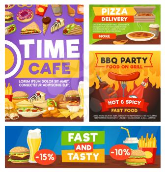 Fast food cafe or restaurant meals. Vector fastfood menu of coffee, sandwich or burger, nachos and tacos, pizza with beer and barbecue party sausage, dessert cakes and ice cream dessert