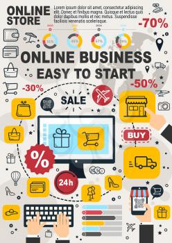 Online business vector infographic, internet startup with modern technologies. Web shop or store delivery, business easy to start. Statistical graphics, diagram and charts on computer or smartphone