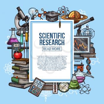 Science research, scientific and laboratory equipment vector sketch. Chemistry lab flasks, planet model and microscope, books pile, DNA molecule and atom, thermometer and computer