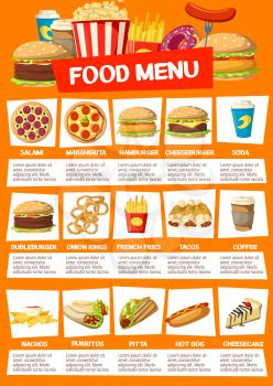 Fast food restaurant menu. Vector pizza, cheeseburger or hamburger, soda and onion rings, french fries and tacos, nachos and coffee drink. Burritos and pita, hot dog and cheesecake, popcorn and donut