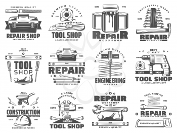 Construction, repair, service and handyman work tool shop icons. Vector symbols of carpentry hammer, woodwork plane grinder and painting brush, drill and wrench or spanner, saw and wheelbarrow