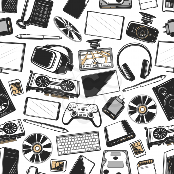 Devices and technology gadgets vector pattern. Vector seamless background of computer and video card, smartphone and internet tablet, hard drive or headphones, navigator with digital graphic stylus