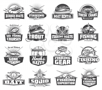 Fishing club or fisher sport adventure expedition icons. Vector boat and salmon, rerch and bass, eel and squid, pike and flounder, fish catch lures and tackles, fishing rod and hooks or camp tent