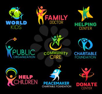 Charity and social support organization icons. Family health doctor and children helping center, community, public support charitable foundation or donation center vector symbols