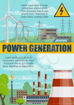 Power generation and electricity energy production. Vector power plant, windmills and natural gas energy resources, solar panels and hydroelectric stations