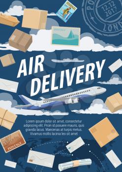Air mail delivery, postage logistics. Vector airplane cargo shipping parcel boxes with newspapers, magazine journals and letter envelopes. Sky with post stamp and world map