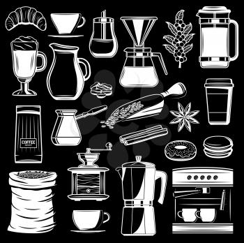 Vector coffee grinder and Turkish cezve maker, cinnamon and anise flavoring, milk pitcher and coffee beans with donut and cookie desserts for coffeeshop design. Beverage vector icons
