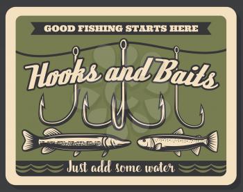 Fishing store advertisement retro poster, rod hooks and baits, big fish catch. Vector fisherman tackles. Pike, salmon or carp fishery and sport adventure. Vintage signboard
