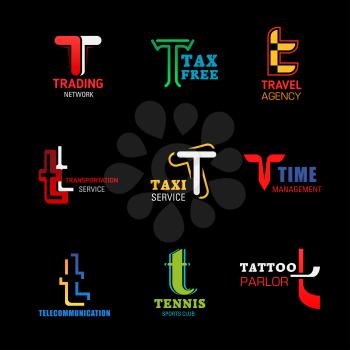 Letter T icons composition for business identity, vector. T symbols of trade network, tax free shop or travel agency, taxi transportation service or management and telecommunication, tennis sport club