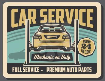 Car service, garage mechanic repair station. Vector retro design of vehicle on garage car lift, engine or chassis diagnostics and restoration