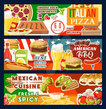 Fast food delivery menu for Italian pizza, Mexican cuisine or BBQ meals and burgers. Vector beer glass, fries or tacos with burrito and enchilada, hot dog sausage sandwich and kebab grill