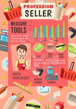 Seller profession in supermarket, shop or grocery store. Vector cartoon saleswoman, barcode scanner or cashbox and shopping basket with money, credit card and food products