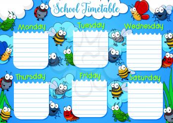 School timetable, week schedule and student class table weekly template. Vector school timetable with clouds sky and cartoon insects butterfly, bee or bumblebee and mosquito, grasshopper and ladybug
