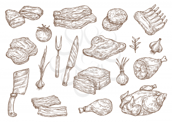 Meat food sketch, butchery products and barbecue cooking ingredients. Vector beef steak, pork ham and chicken or turkey meat with butcher knife and fork, bacon and veal bbq