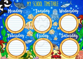 School timetable, cartoon underwater and ship porthole windows frames. Vector student lessons weekly table or school timetable chart template with underwater world, sea animals and fishes