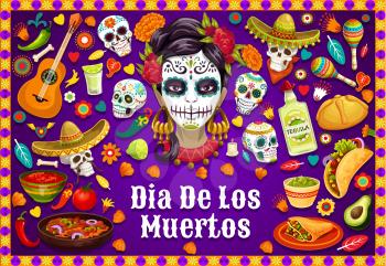 Dia de los Muertos Mexican holiday party food and drinks, traditional fiesta symbols. Vector Dia de los Muertos calavera skulls in sombrero, jalapeno chili pepper, guitar and Mexican maracas