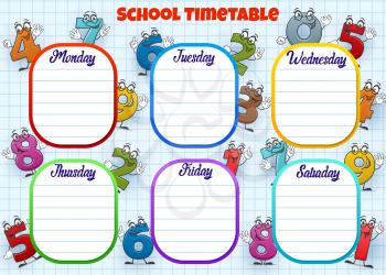 School timetable, weekly lessons schedule planner with cartoon numbers. Vector student classes school timetable chart template on checkered note paper background and number faces