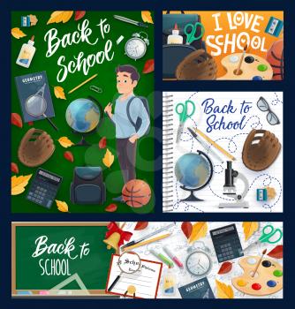Back to School, education posters and banners with green chalkboard. Vector back to school stationery pencil, book and pens, student boy in class with backpack, college baseball ball and autumn leaves