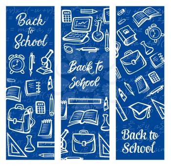Back to School education and study supplies, student stationery and books. Vector Back to School chalkboard banners with clock, backpack, pens and pencil or mathematics calculator and chemistry tube