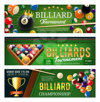 Billiards, snooker and pool sport game banners. Competition flyer template. Billiard ball pyramid, cue and winner trophy cup on green table 3d illustration, decorated with crown and ribbon