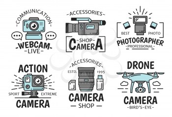 Video and photo camera technology equipment and devices. Digital, video and action camera, drone, webcam, lens and photographer accessories tsymbols. Creative and multimedia theme