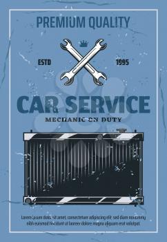 Car radiator service banner with repair tools. Auto engine cooling system vintage poster with vehicle radiator, spanner and wrench. Mechanic garage station theme