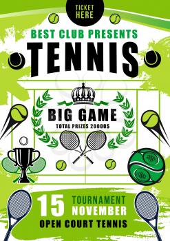 Tennis sport club tournament invitation poster. Vector tennis balls, rackets and winner trophy cup, laurel wreath and crown with green court on background. Sporting competition theme with tennis items