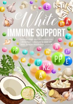 Color diet of immune support with white day vegetarian food ingredients. Vitamins and minerals in vegetables, fruits and nuts, cereal mushroom and spices. Health and dieting design