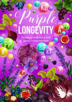 Color diet healthy food, purple fruits and vegetables. Healthy nutrition vitamin ingredients for longevity and health. Vector cabbage, onion and grapes, eggplant, blackberry and blueberry