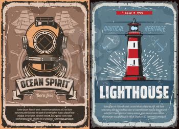 Nautical vintage compass rose, anchor and helm, old ship, sail boat and steering wheel, retro lighthouse and antique diver helmet. Sea travel, ocean cruise and marine adventure vector poster design