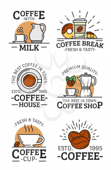 Coffee cup, mug and beans, milk jug, croissant and donut, sugar and coffee pot vector linear icons. Coffee shop badge, cafe or restaurant emblem design