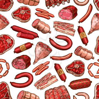 Butcher shop meat food seamless pattern. Vector beef steak, pork chop and lamb ribs, sausage, bacon and ham, raw fillet, sirloin and jerky, salami, gammon and bologna background