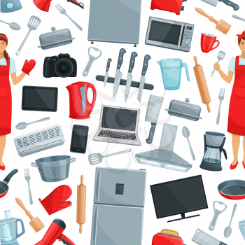 Household appliance and kitchen utensil seamless pattern background. Vector fridge, toaster and blender, kettle, tv set and microwave, laptop, air conditioner, and knife, saucepan, spoon and fork