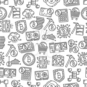 Bitcoin cryptocurrency, digital currency mining and blockchain technology seamless pattern. Vector crypto currency digital wallet, financial growth calculator and key code to mining system pattern