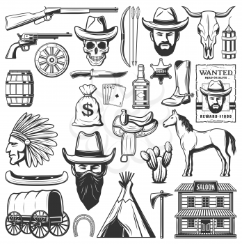 Wild West cowboys, American Western sheriff and Indigenous symbols. Vector canoe and wigwam hunt, wanted robber poster, wagon cart and horse saddle or bull skull, cactus and barrel or cowboy saloon