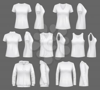 Women clothes mockups of t-shirts, sport tank tops or sportswear hoodies. Vector white womenswear apparel and casual polo or sleeveless shirt realistic models, blank front and side view