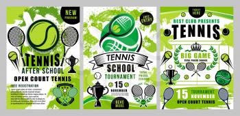 Tennis sport vector green halftone posters. Tennis school training, team club tournament or league big game championship, victory crown and tennis racket with ball