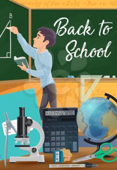 Student drawing geometric shape with chalk on chalkboard, back to school and education vector design. Cartoon boy, ruler and globe, notebook, pen and scissors, calculator, microscope and sharpener