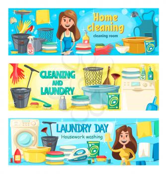 Home cleaning and laundry washing service banners. Vector professional housekeeping, floor and window glass polisher, washing machine and clothes ironing and kitchen dishwashing